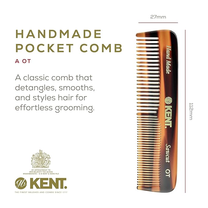 Kent OT Pocket Comb Fine Tooth & Wide Tooth Comb - Handmade Hair Combs for Men, Women & Kids - Saw Cut, Hand Polished (4.4")