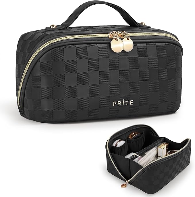 Prite Makeup Bag for Women Travel Waterproof Vegan Leather Cosmetic Bag Open Flat Toiletry Bag With Clear Divider and Handle (Plaid Black)