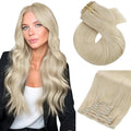 Moresoo Seamless Clip in Hair Extensions Real Human Hair Golden Platinum Blonde PU Weft Clip in Human Hair Extensions Blonde Full Head 7pcs 120g 20inch