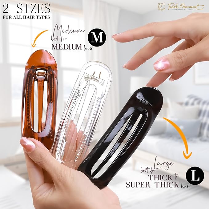 RC ROCHE 6 Pcs Flat Claw Hair Clips for Women Alligator French Barrette Long Thick Hair Duckbill Curved No Slip Grip Lay Flat Side Slide Firm Classic Styling, Large Clear, Brown & Black