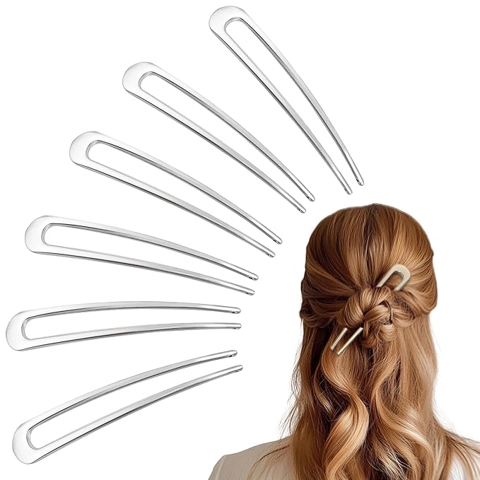 6Pcs Metal French Hair Pins for Women U Shape Sticks 3.9 Inch Vintage Fork for Hairstyle Accessories(Silver)
