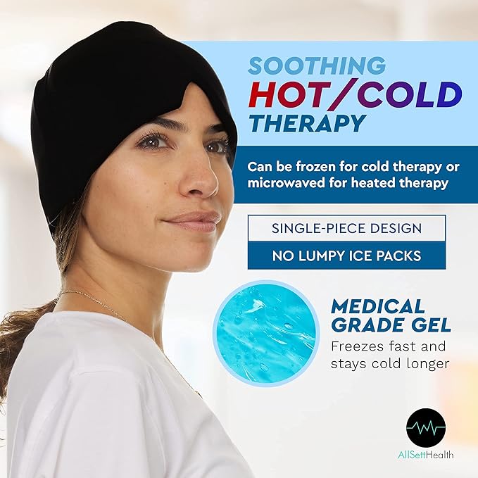 2 Pack - Migraine Relief Cap Ice Head Wrap and Hat | Hot/Cold Gel Pack with Face and Eye Mask Compress for Headache Relief - Black 2 Pack