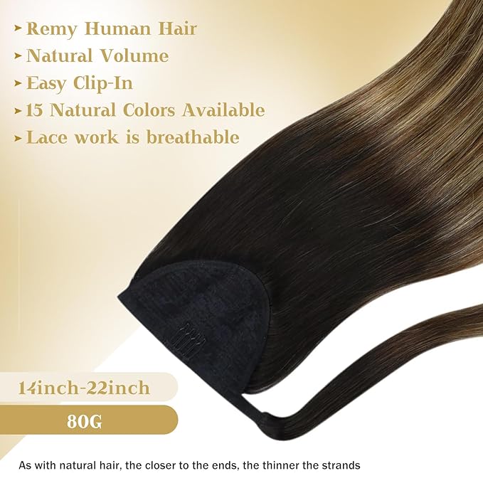 Ve Sunny Hair Extensions Ponytail Real Human Hair Wrap Around Clip in Ponytail Hair Extensions Straight Extensions Human Hair for Women Black Ombre Dark Brown Balayage Caramel Blonde 18inch 80G