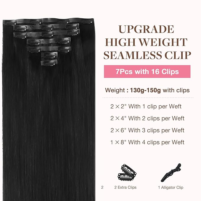 GOO GOO Clip in Hair Extensions Real Human Hair, Remy Human Hair Extensions Clip ins for Women, Natural Human Hair, 18inch 130g 7Pcs, 1B Natural black
