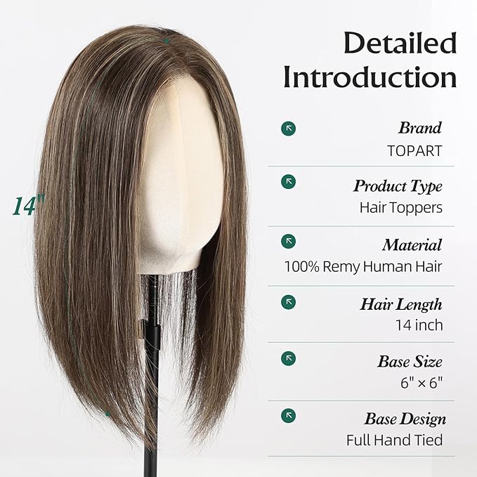 Full Hand Tied Hair Toppers for Women Remy Human Hair Lace Front Topper 14 Inch 6"×6" Partial wig Cover Thinning Hair or Loss No Bangs Top Hair Pieces (Dark Brown Highlights)