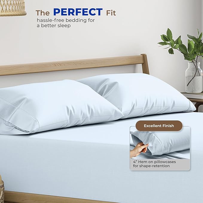 THREAD SPREAD 100% Egyptian Cotton Pillow Cases - 1000 Thread Count Pillow Cases Queen/Standard Size Set of 2, Soft & Breathable Extra Long Staple Sateen Cotton Pillow Covers for Bed - Light Blue