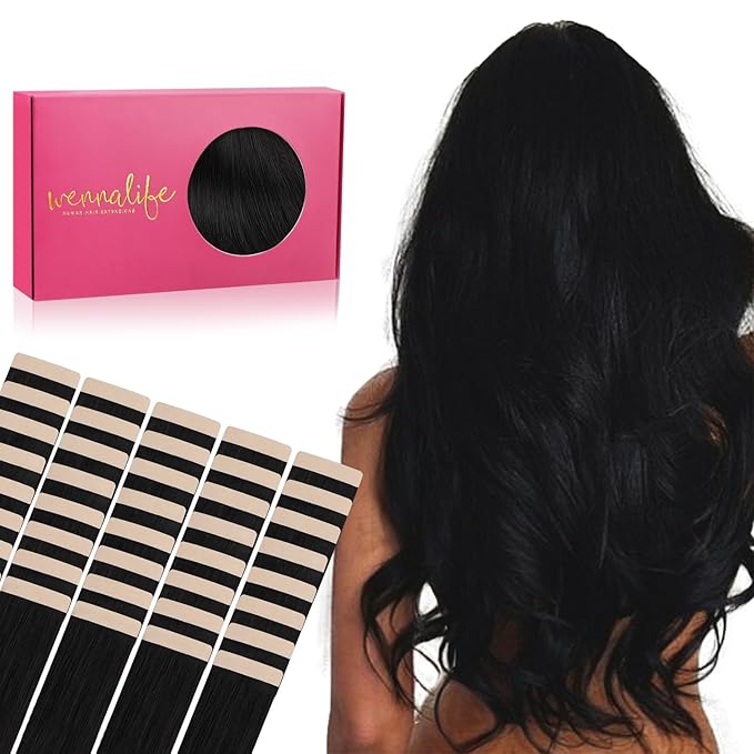 WENNALIFE Tape in Hair Extensions Human Hair, 40pcs 60g 10 inch Jet Black Remy Hair Straight Tape in Extensions Invisible Reusable Real Hair Extensiones De Cabello Humano