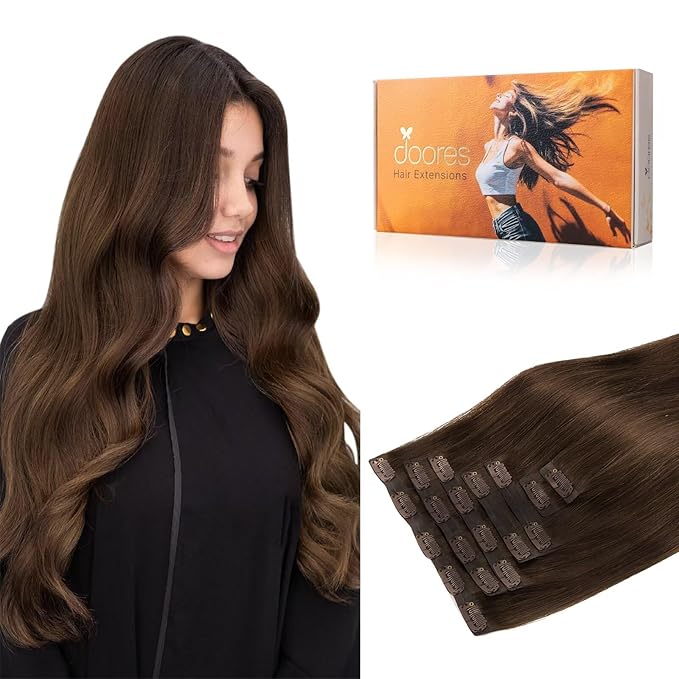 DOORES Seamless Clip in Hair Extensions, Chocolate Brown 150g 7pcs 22 Inch Real Human Hair Straight Remy Thick Invisi Edge Weft