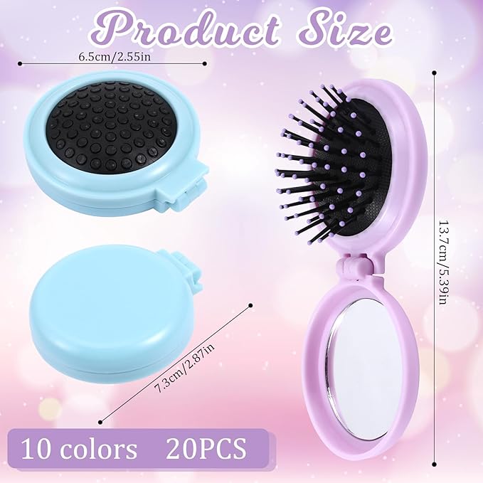 20 Pcs Folding Travel Mirror Hair Brushes Round Portable Pocket Brush Mini Compact Portable Hair Brush Mini Pop Up Hairs Brushes for Women (10 Colors)