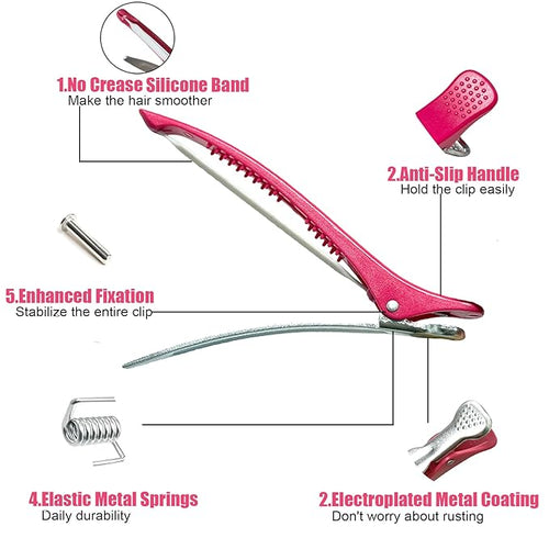 10 pcs Professional Hair Clips for Styling Sectioning - Sectioning Hair Clips for Styling, No-Crease Silicone Band& Anti-Slip Grip, Cutting Clips for Blowouts, Curling, Coloring （Black+Rose Red）