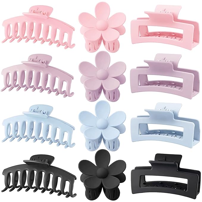 Large Hair Claw Clips 12 Pack, Flower Hair Clips for Thin Hair, Big Square Matte Strong hold for Thick Hair, 3 Styles Hair Clips for Women Thick Hair