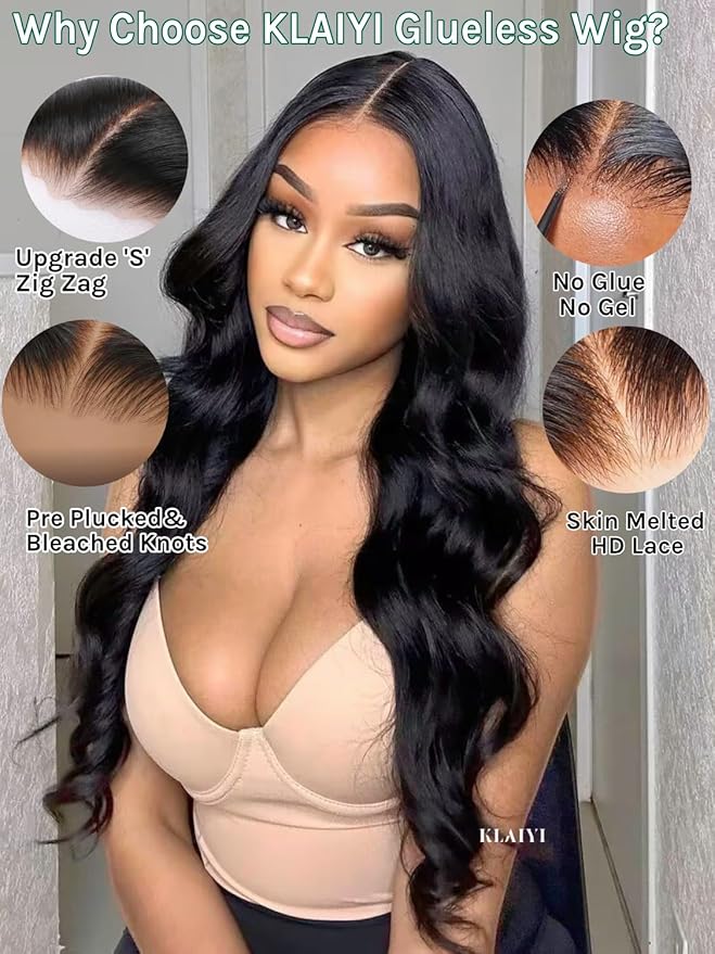 KLAIYI Body Wave Bye Bye Knots Glueless Wig 7x5 Pre Cut Lace Front Wigs Human Hair Wear and Go Wigs for Beginners Pre Bleached Pre Plucked Pre Everything 3S Easy to Ready to Wear Loose Wave Wig 28Inch