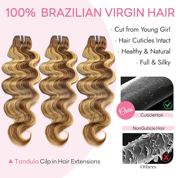 Clip in Hair Extensions Real Human Hair Body Wave #4/27 Chocolate Brown to Honey Blonde 100% Brazilian Remy Human Hair Extensions 8pcs Per Set with 18 Clips Double Weft 20 Inch 105g/3.6oz