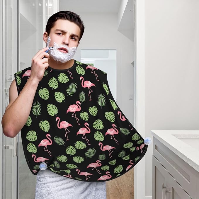 Beard Bib with 3 Suction Cups, Non-Stick Waterproof Hair Catcher Apron, Men's Shaving Essential for Grooming, Tropical Palm Tree Leaves Banana Green Leaf Cute Retro Flamingo Shave Bib