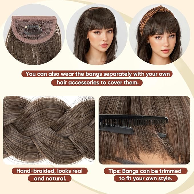 SARLA Braided Headband with 3 Detachable Clip in Bangs Fringe Hairpieces Fake Synthetic Hair Band Bangs for Women Grey Multi