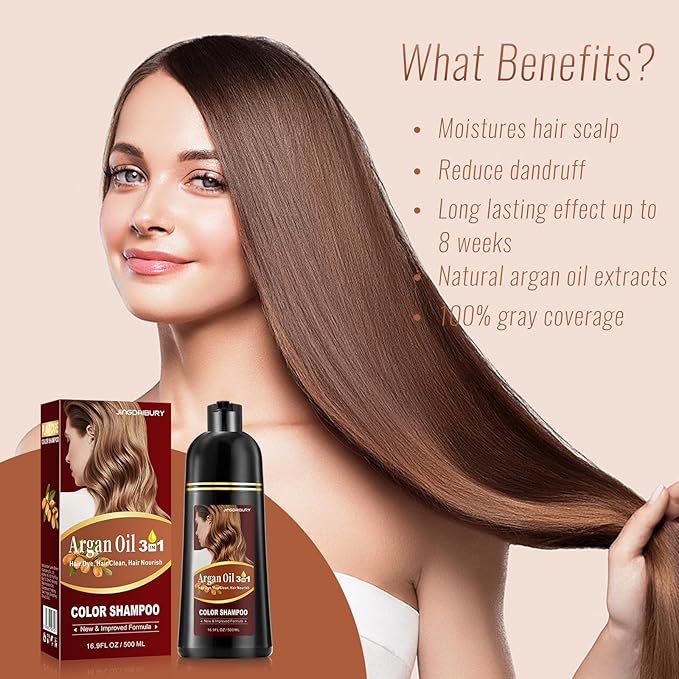 Dark Brown Hair Dye Shampoo, Argan Oil Hair Color Shampoo for Men & Women, 3 in 1 Hair Dye Shampoo 16.9 Fl Oz, Easy to Use, Shampoo Para Canas for Gray Hair Coverage