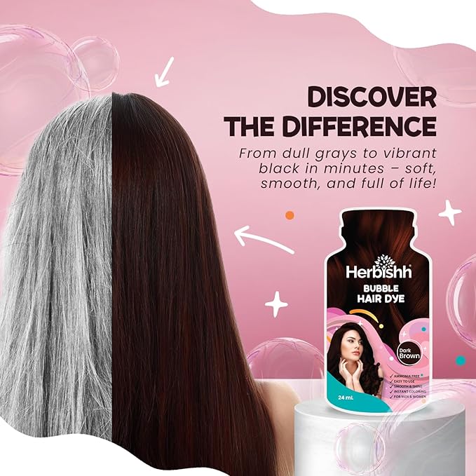Herbishh Bubble Foam Hair Dye Shampoo, 3 in 1 Dye for 100% Grey Coverage, Permanent Hair Coloring for Men & Women, Long-lasting & Travel-friendly, Ammonia-free, 10 Sachet x 24 ml (Dark Brown)