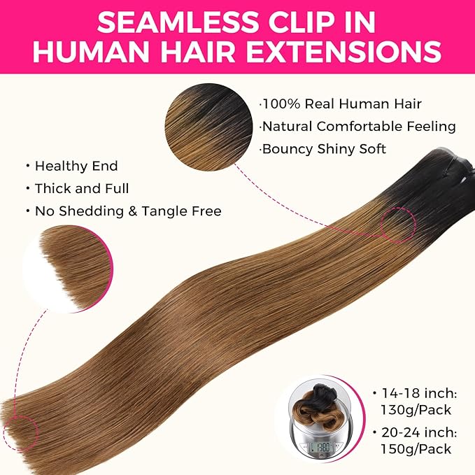 Lashey Seamless Clip in Hair Extensions Human Hair 150g 9pcs 24 Inch Ombre Natural Black to Medium Auburn Straight Clip in Hair Extension for Women PU Weft Hair Extension