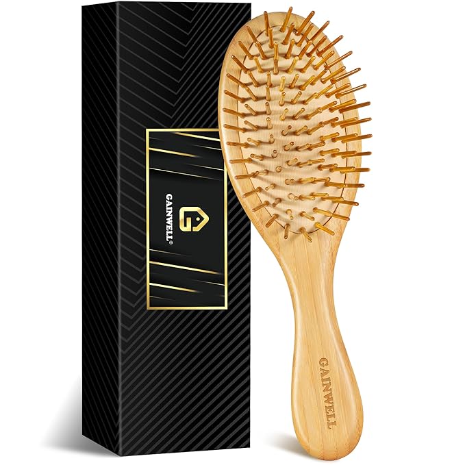 GAINWELL Hair Brush for Hair Growth, Bamboo Bristles Detangling Wooden Paddle Hair Brush for Massaging Scalp, All Hair Types Women Men Kids, Ergonomic Handle, Pointed Bristle