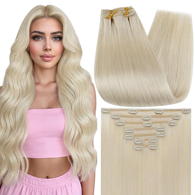 Full Shine Clip in Hair Extensions Real Human Hair Blonde Remy Hair Extensions Clip in Human Hair for Short Bob for Highlights 14 Inch 7 Pcs 120 G