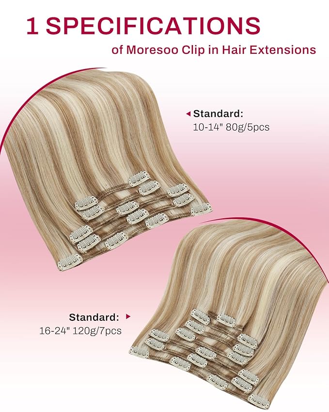Moresoo Clip in Hair Extensions Brown with Blonde Highlights Clip in Extensions Real Human Hair Warm Yellow Brown with Light Blonde Full Head Long 120g/7pcs 20 inch