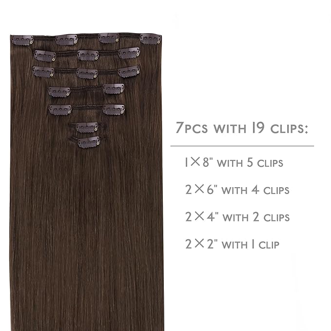 WENNALIFE Clip in Hair Extensions Real Human Hair, 12 Inch 80g 7pcs Remy Hair, Chocolate Brown Straight Natural Extensiones De Cabello Humano Con Clip Ins