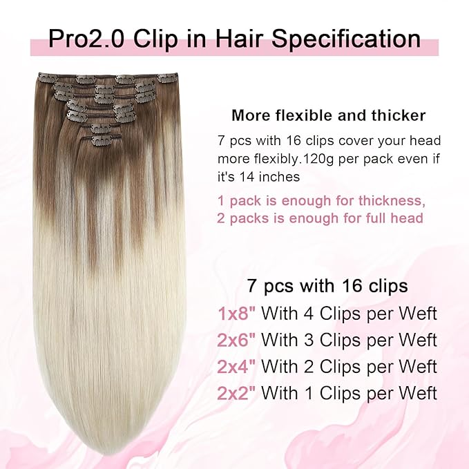 Pro2.0 Remy Clip in Extensions Real Human Hair Color #8/60 Ash Brown to Platinum Blonde Remy Clip in Hair Extensions Real Human Hair 18inch 120g Thick 7pcs Double Weft（#8/60-18inch）