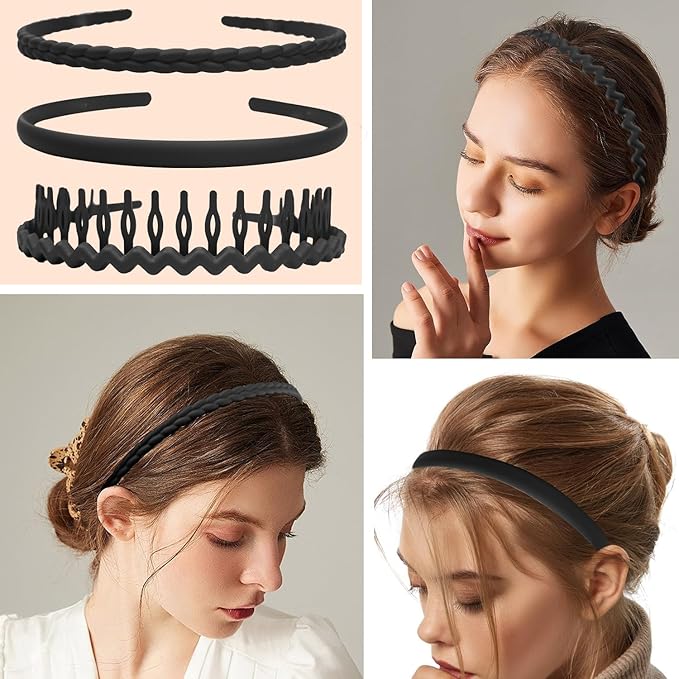 LAPOHI 10 PCS Fashion Black Brown Effortless Plastic Headbands with Teeth Comb Black Skinny Headbands No Slip Hair Bands for Women Men Teen Girls