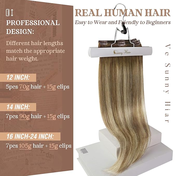 Ve Sunny Balayage Clip in Hair Extensions Brown Blonde Human Hair Clip in Extensions Ombre Hair Extensions Real Human Hair Clip ins Short Straight Hair Soft and Natural 100g 14in