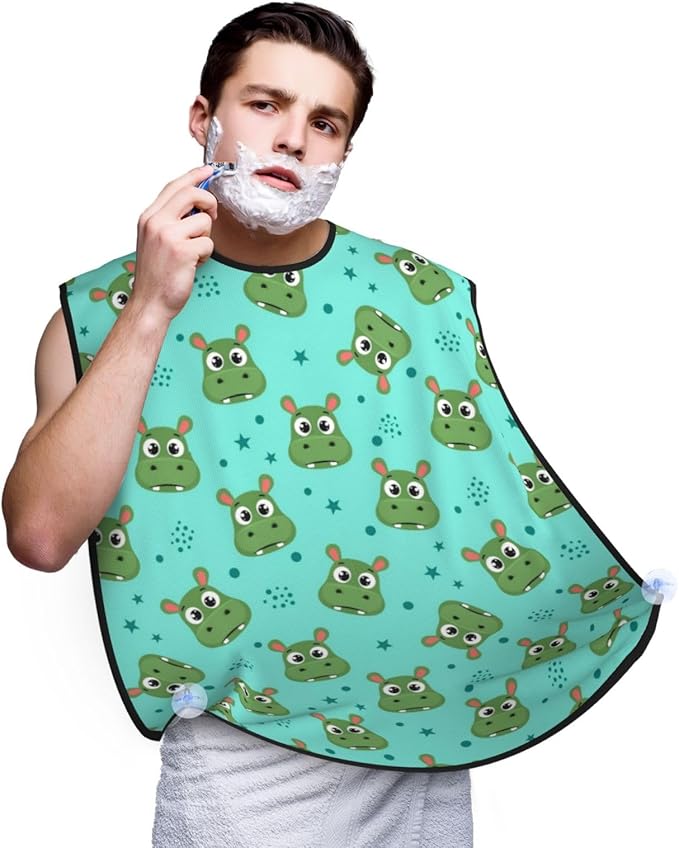 Non-Stick Beard Bib for Shaving, Cute Cartoon Hippo Shave Bib, Waterproof Hair Catcher with Suction Cups, Grooming Apron Men Husband