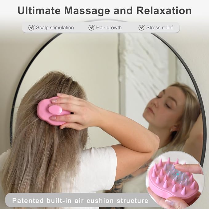 FREATECH Massager Shampoo Brush with Soft Silicone Bristles for Scalp Care, Shower Hair Scalp Scrubber Exfoliator for Dandruff Removal and Hair Growth, Wet & Dry for Men, Women and Kids, Pink