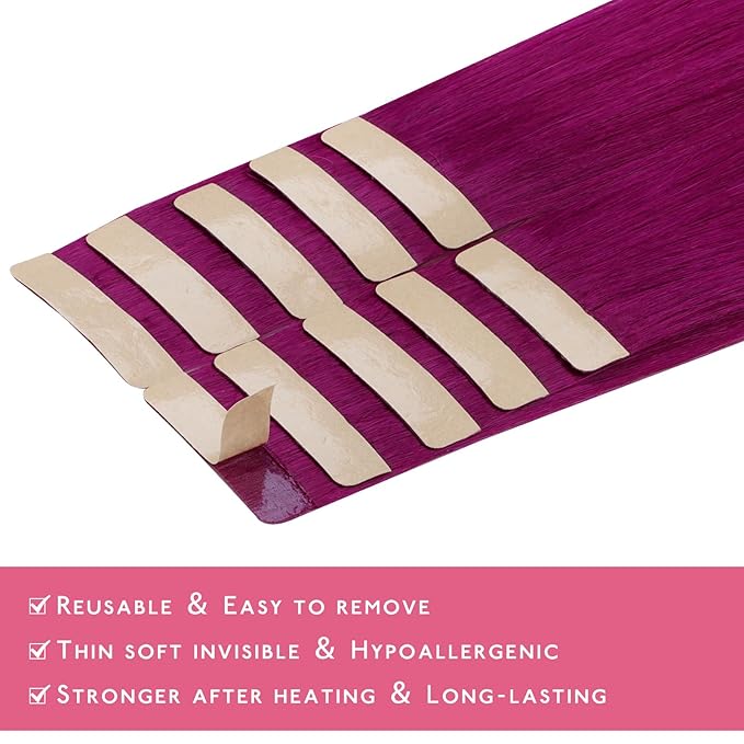 WENNALIFE Tape in Hair Extensions Human Hair Violet Tape in Extensions, 10pcs 20g 10 inch Remy Invisible Tape Ins Straight Colored Soft Real Human Hair Tape in Extensions Refill Set Extensions