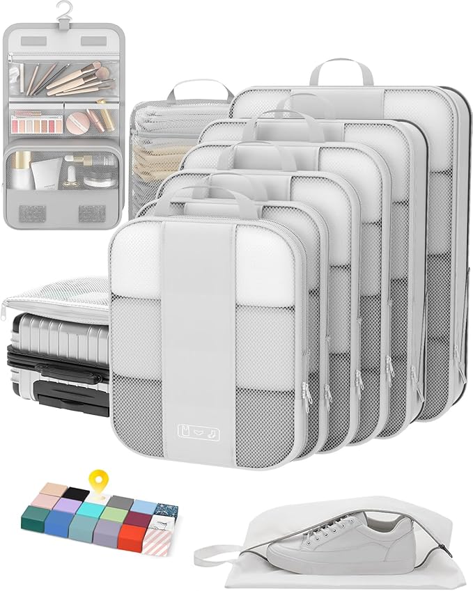 10 Set Compression Packing Cubes for Travel Essentials,Compressible Expandable Packing Cubes for Suitcase,OlarHike Luggage Organizer Bags for Travel,Handy Helper for Organizing Clothes(White)