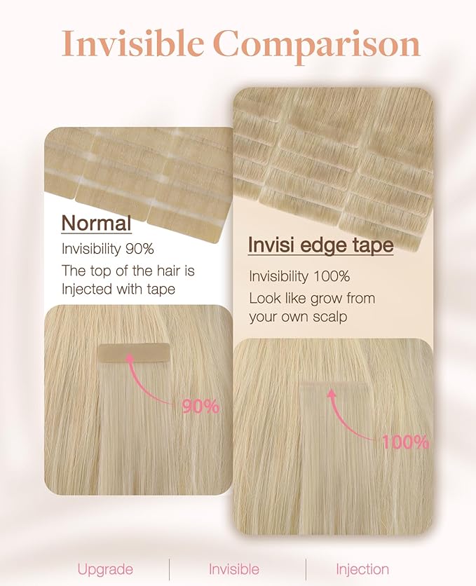 GOO GOO Invisi Edge Tape in Hair Extensions Human Hair, 18ET90A Natural Blonde Balayage 20pcs injected with 20pcs classical tape ins, 24inch 100g, Virgin Remy Hair, Natural Look