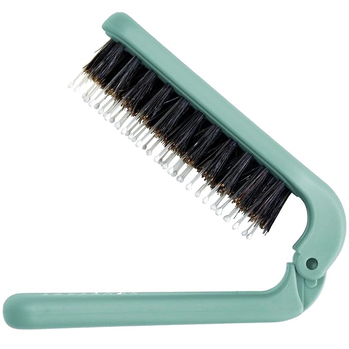 Uffy MiniPop Travel Hair Brush – Mini Folding Boar Bristles for Women, Men & Kids | Kid-Friendly Portable Purse Brush for Wet & Dry Hair, Curly or Straight | Pocket-Size Detangler – Dusty Mint