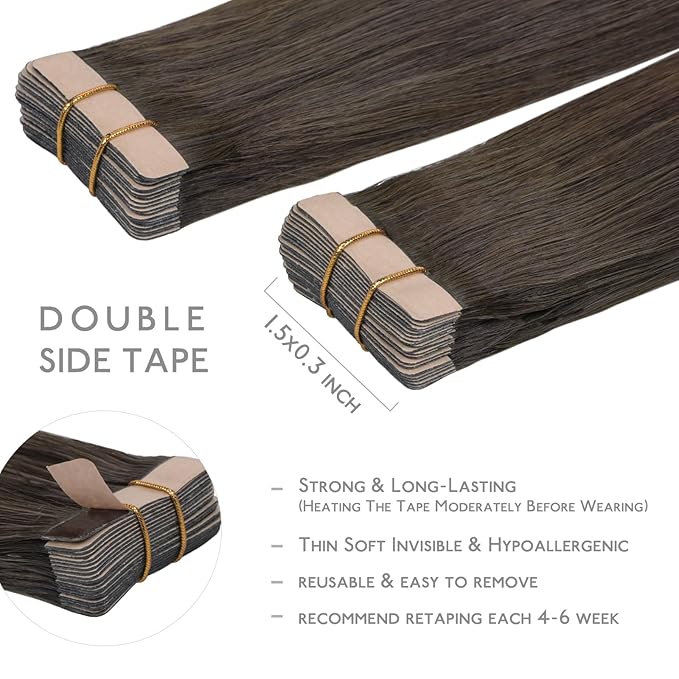 WENNALIFE Tape in Hair Extensions Human Hair, 20pcs 50g 16 inch Cool Dark Brown Remy Hair Extensions Straight Human Hair Tape in Extensions Skin Weft Tape Extensions