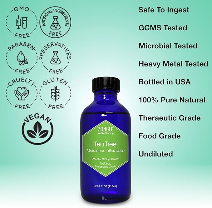 Tea Tree, Melaleuca, Oil, Food Grade – 100% Pure, Tea Tree Essential Oil, by Zongle Therapeutics, 4 OZ