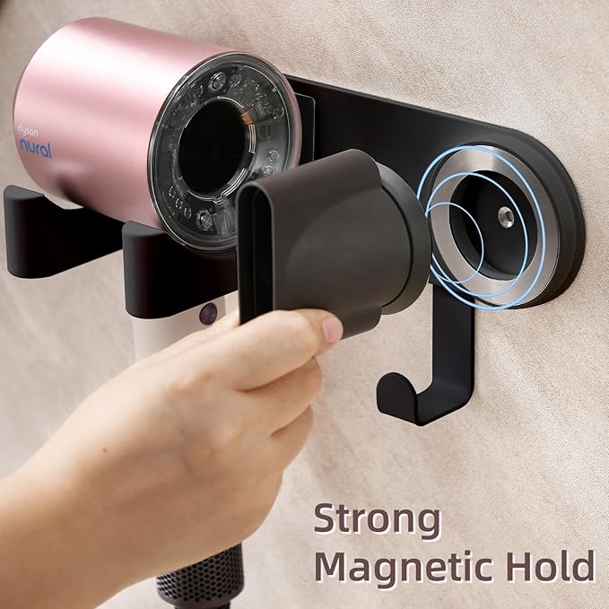Hair Dryer Holder Wall Mounted, Blow Dryer Holder with Strong Magnet, Dyson Hair Dryer Holder Adhesive Aluminum Alloy Organizer for Bathroom Black UEMUSI