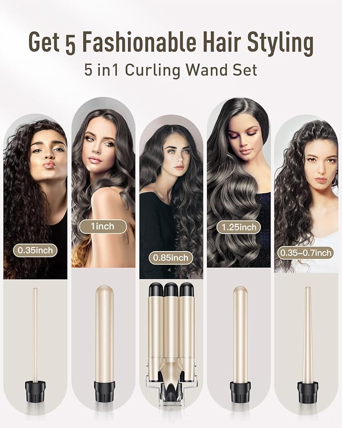 Waver Curling Iron Curling Wand - BESTOPE PRO 5 in 1 Curling Wand Set with 3 Barrel Hair Crimper for Women, Fast Heating Crimper Wand Curler in All Hair Type, Women Gifts - Gold