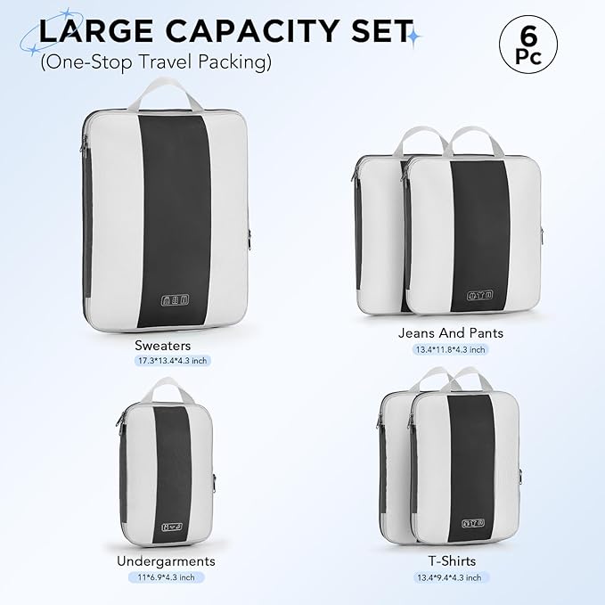 6 Set Compression Packing Cubes for Travel Essentials,Compressible Expandable Packing Cubes for Suitcase,OlarHike Luggage Organizer Bags for Travel,Handy Helper for Organizing Clothes(Black)