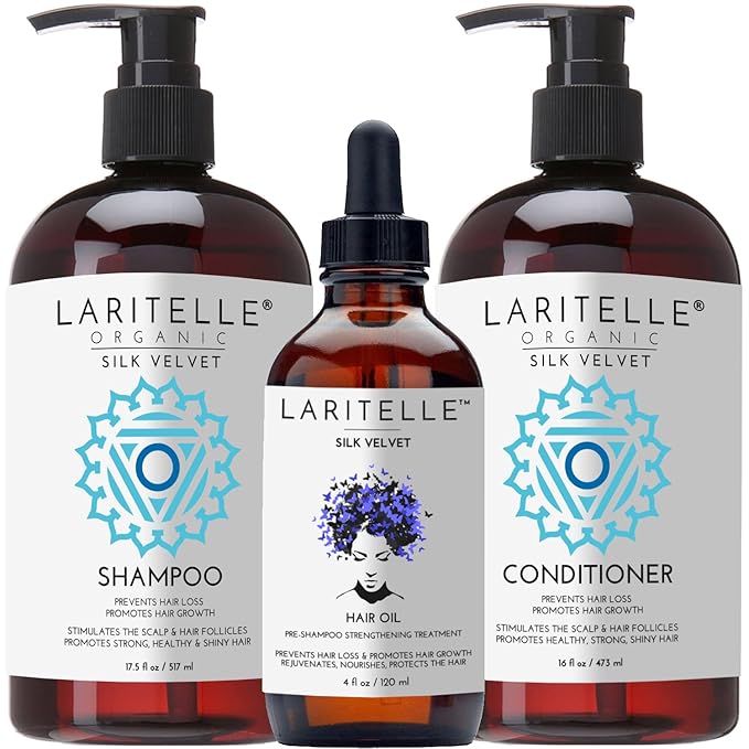 Laritelle Organic Hair Growth Set Silk Velvet | Shampoo 17 oz + Conditioner 16 oz + Hair Loss Treatment 4 oz | Plant-based Keratin Protein + Biotin + Rosemary, Geranium, Chamomile. SLS-free. Vegan. GF