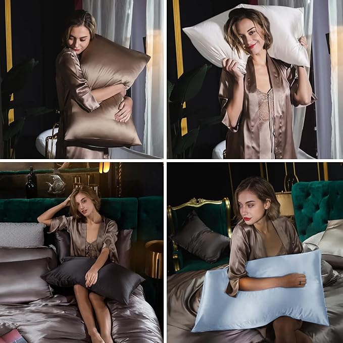 Silk Pillowcase 2 Pack, Natural Mulberry Silk Pillow Case, Anti Acne Silk Pillowcase for Hair and Skin, King Size Silk Satin Pillowcase Set of 2 with Hidden Zipper, Gifts for Women Men, Ash Blue