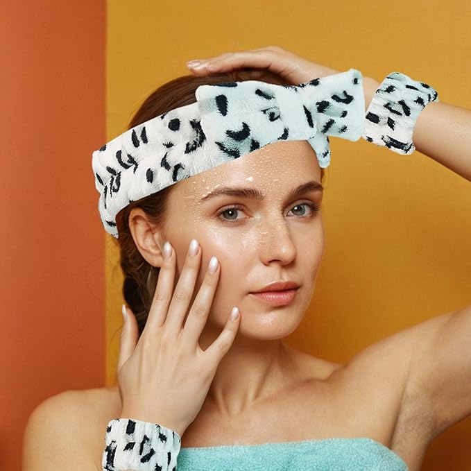 7 Pcs Spa Set, Facial Headband and Wristband Set, Skincare Accessories, College Style Girl Idea Gifts, Hair Accessories for Women and Girls（ Black White Leopard Print ）