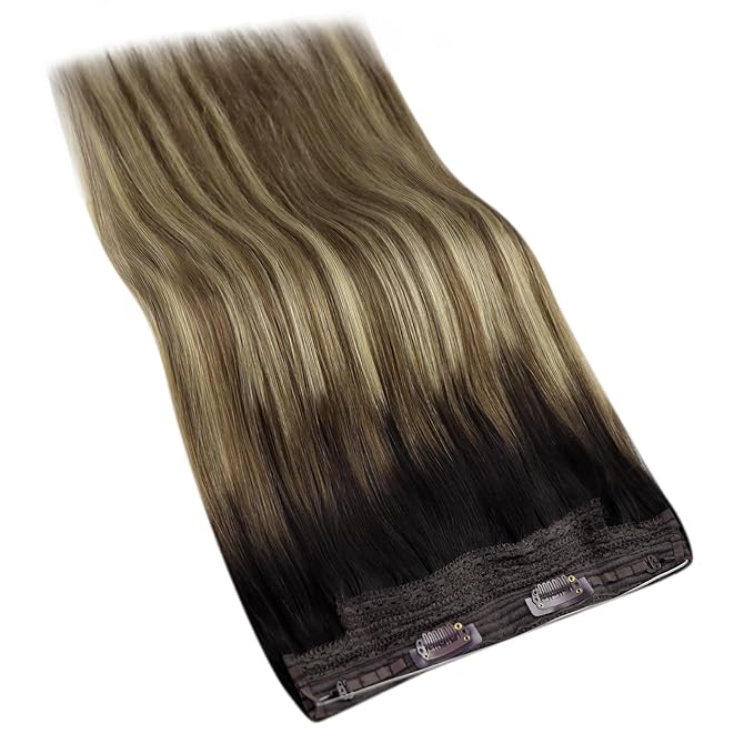 YoungSee Invisible Wire Hair Extensions Balayage Brown to Blonde Human Hair Extensions Wire Dark Roots to Medium Brown with Warm Blonde Highlights Fish Line Extension Hair for Women 20In 100G