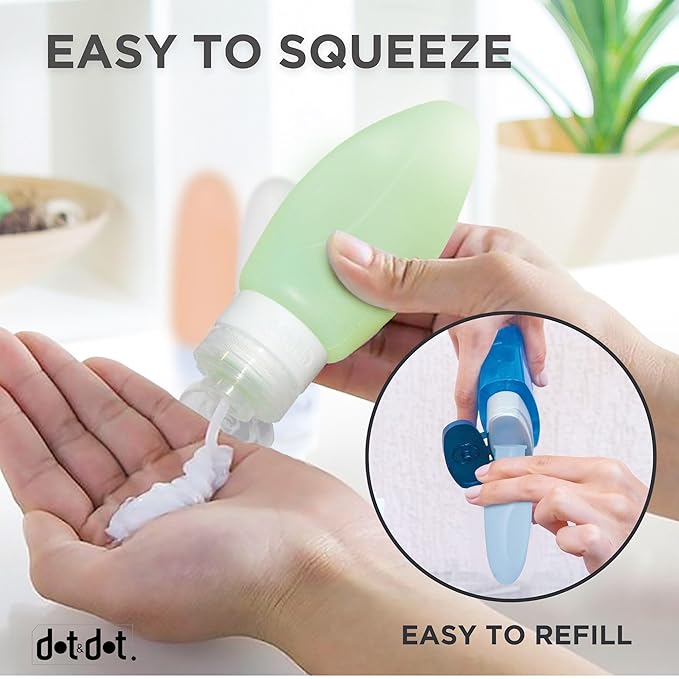 Dot&Dot Leak Proof Travel Bottles - TSA Approved 3oz Silicone Toiletries Travel Shampoo & Conditioner Containers with Labels