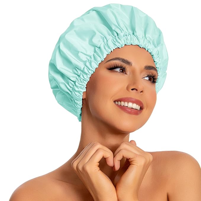 Reusable Shower Cap for Women, Large Waterproof Shower Essentials Bonnet Washable Elastic Band Bath Hair Wrap Hat for Long Hair, Braids(Mint Green)