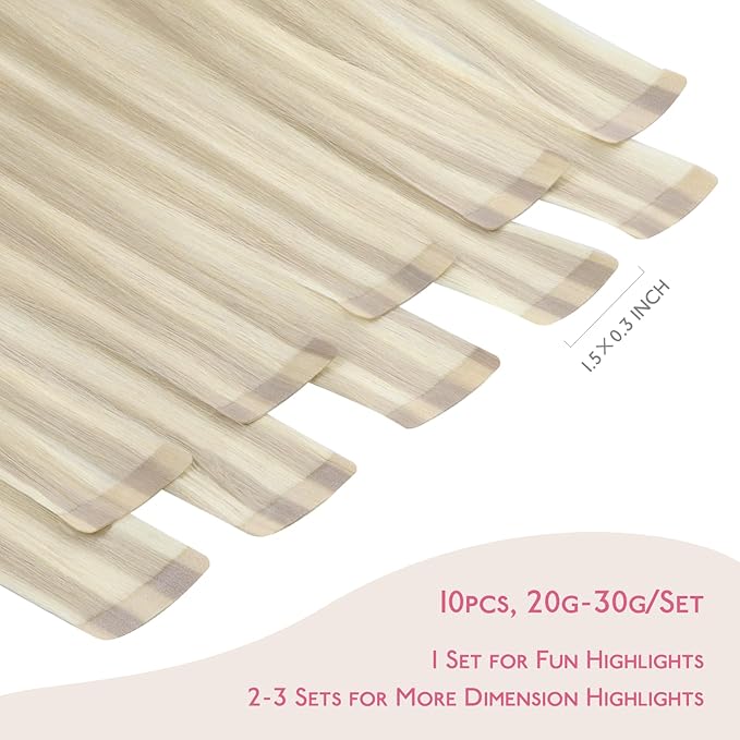 WENNALIFE Tape in Hair Extensions Human Hair Ash Blonde Highlighted Platinum Blonde Tape in Extensions, 10pcs 20g 12 inch Remy Invisible Tape Ins Straight Soft Real Human Hair Tape in Extensions