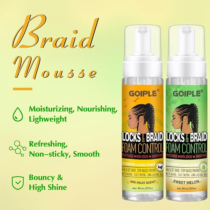 Goiple Hair Mousse for Braids, Twist, Locs - Braid Foam Control Mousse, No Flake, High Shine Style and Moisturizes, Lightweight Easy to Apply 16 fl oz (2pcs)