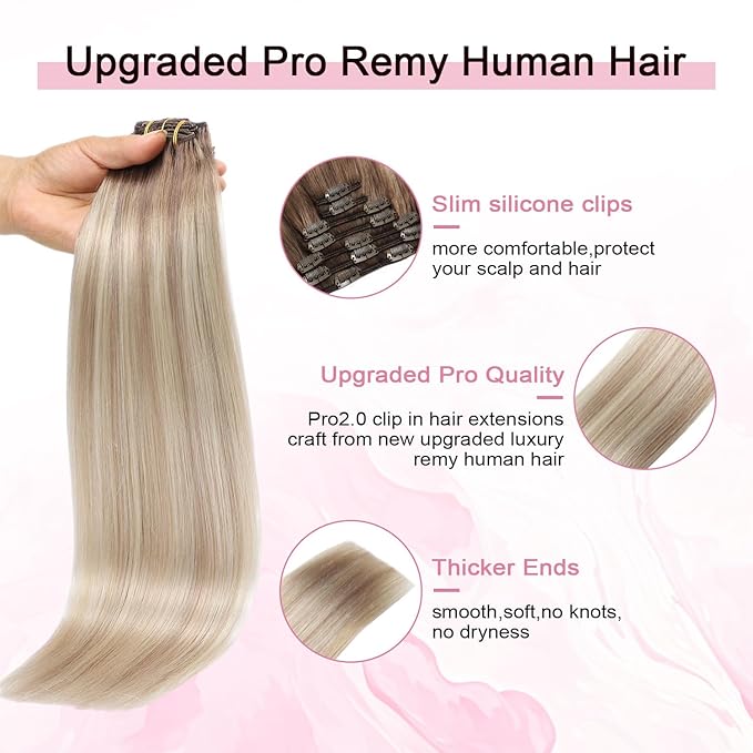 Pro2.0 Remy Clip in Extensions Real Human Hair #8/60/18 Ash Brown to Ash Blonde Mix Platinum Remy Clip in Hair Extensions Real Human Hair 18inch 120g Thick 7pcs Double Weft（#8/60/18-18inch）