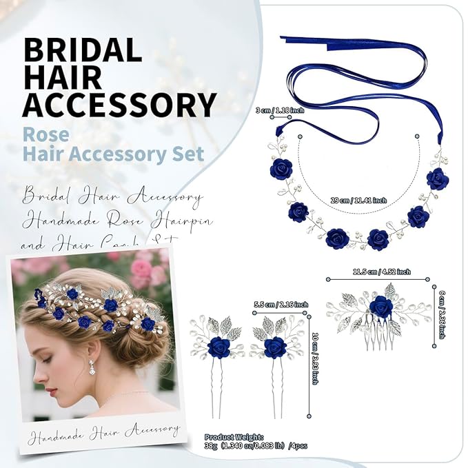 Wedding Hair Accessories Hair pieces Set Crystal bridal hair pins Rhinestone Pearl hair comb Brides and Bridesmaids, Girls, Women(（4PCS/SET BLUE)